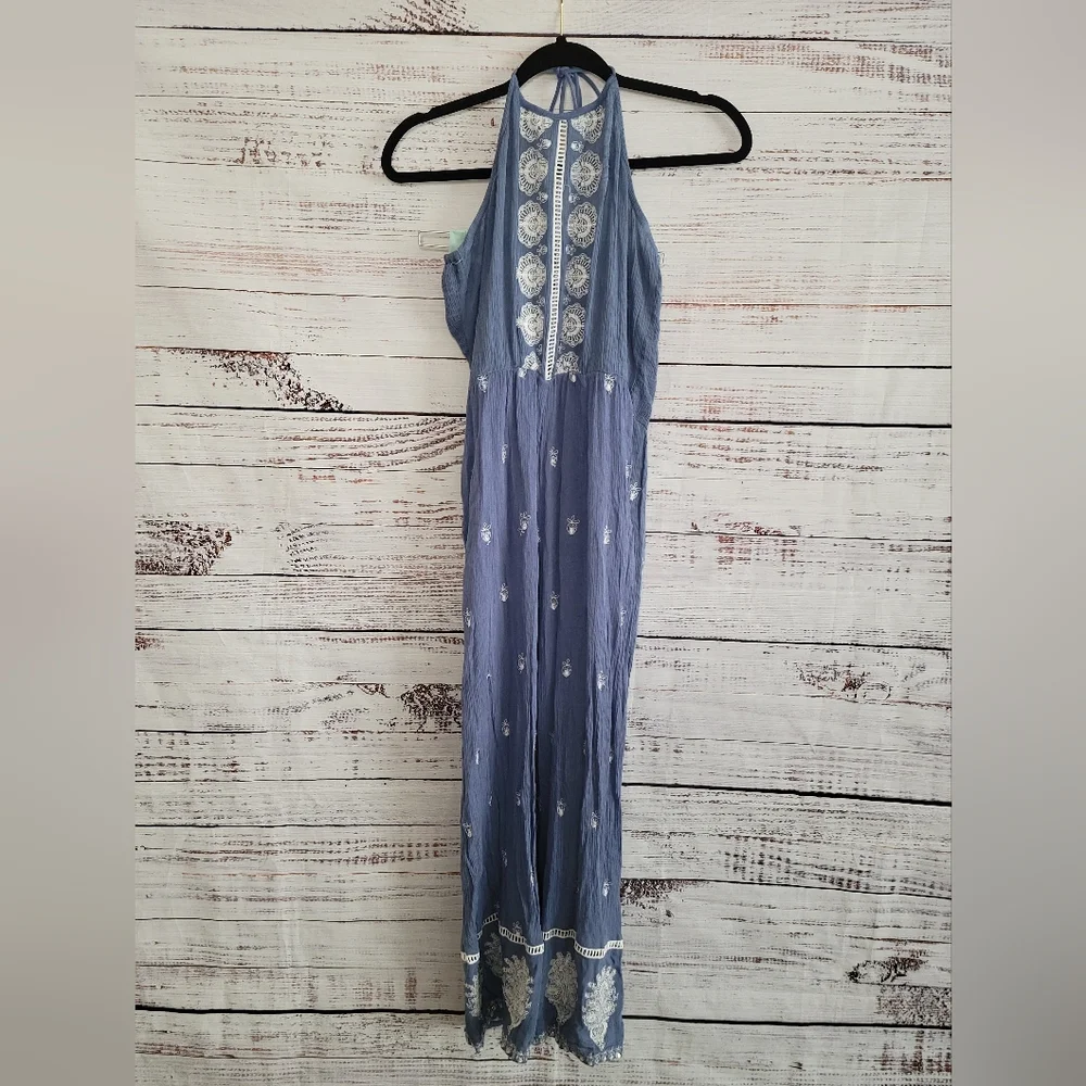 Chelsea & Violet Embroidered Halter Blue Jumpsuit S